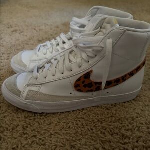 Nike Women's White and Leopard Print High-Top Sneakers